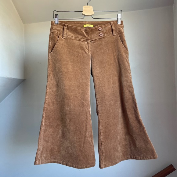 Vintage Y2K Low Rise Corduroy Flare Capri Pants Tan Brown Hip Slung Wide Leg